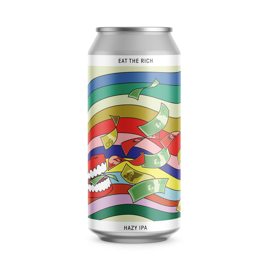 Eat The Rich Hazy IPA craft beer with rainbow label showing chatter teeth toy eating Australian money