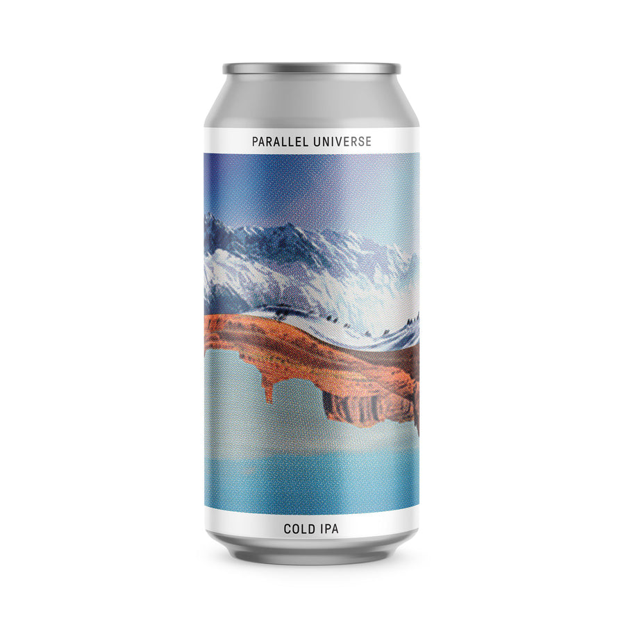 Parallel Universe Cold IPA by Kicks Brewing label shows half snowy mountain half desert landscape